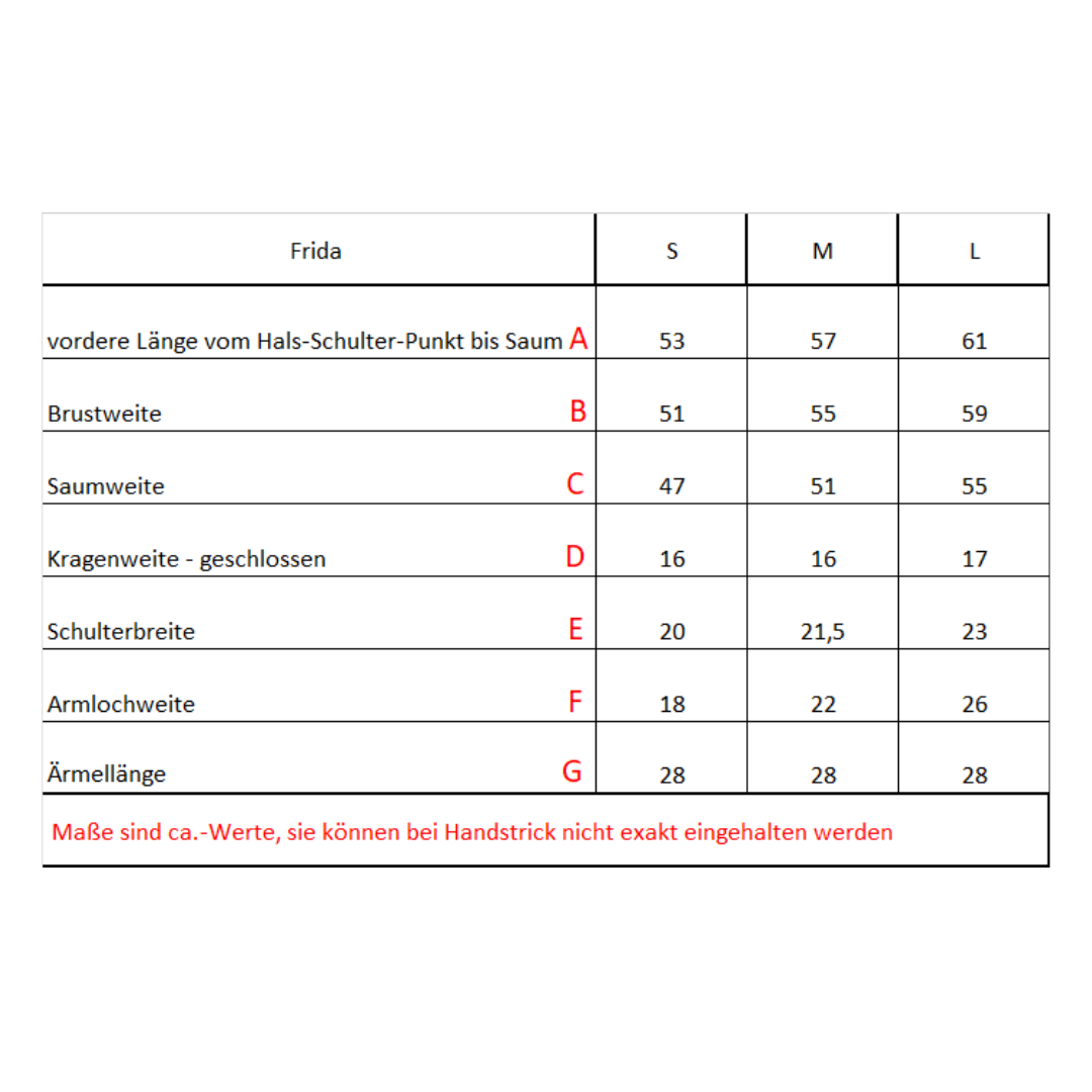 Maßtabelle für Mohair Seide Pullover FRIDA handgefertigt
