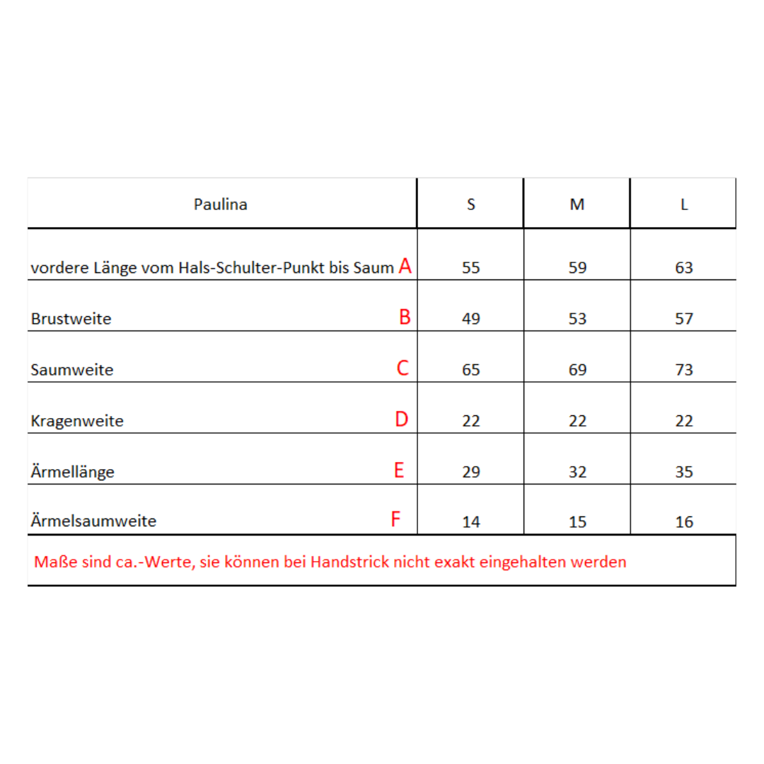Maßtabelle für Mohair Seide Shirt PAULINA handgefertigt