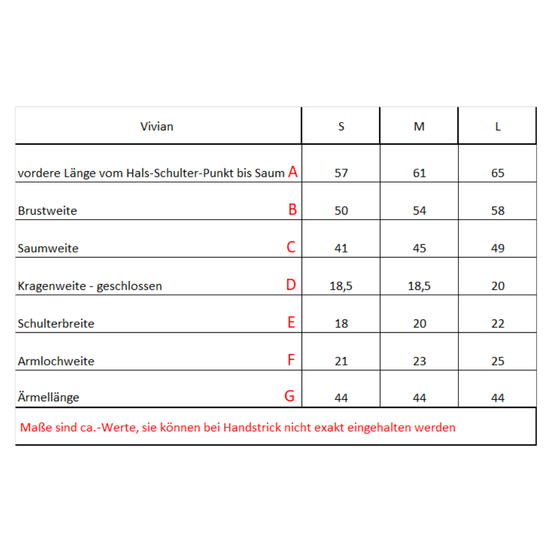 Masstabelle für Alpaka College Cardigan VIVIAN handgefertigt