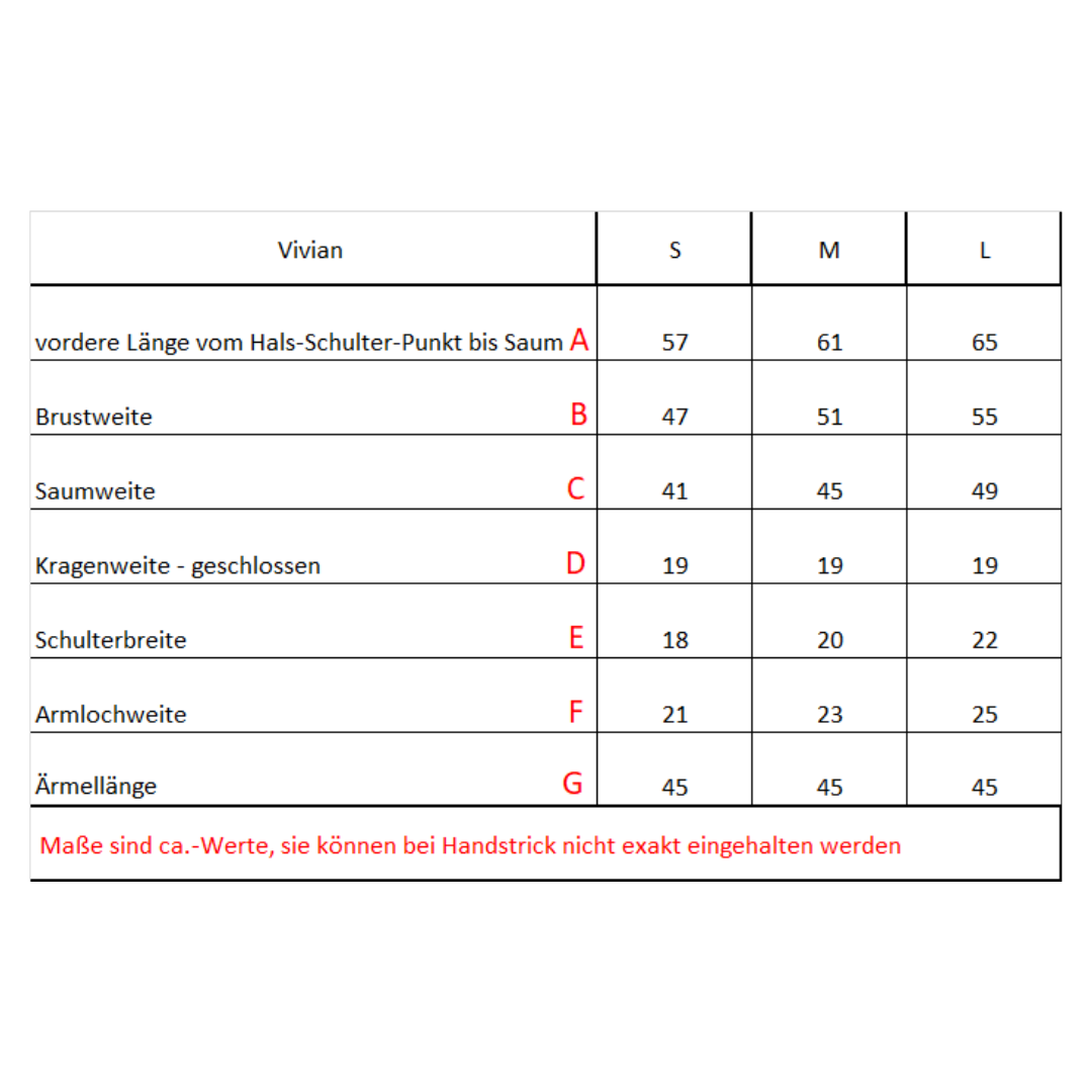 Masstabelle für Alpaka College Cardigan VIVIAN handgefertigt