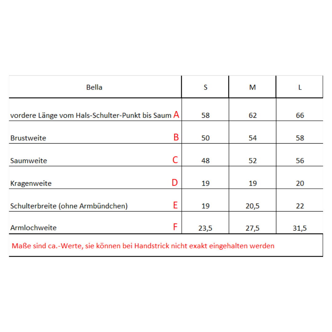 Masstabelle für Alpaka Pullunder BELLA handgefertigt