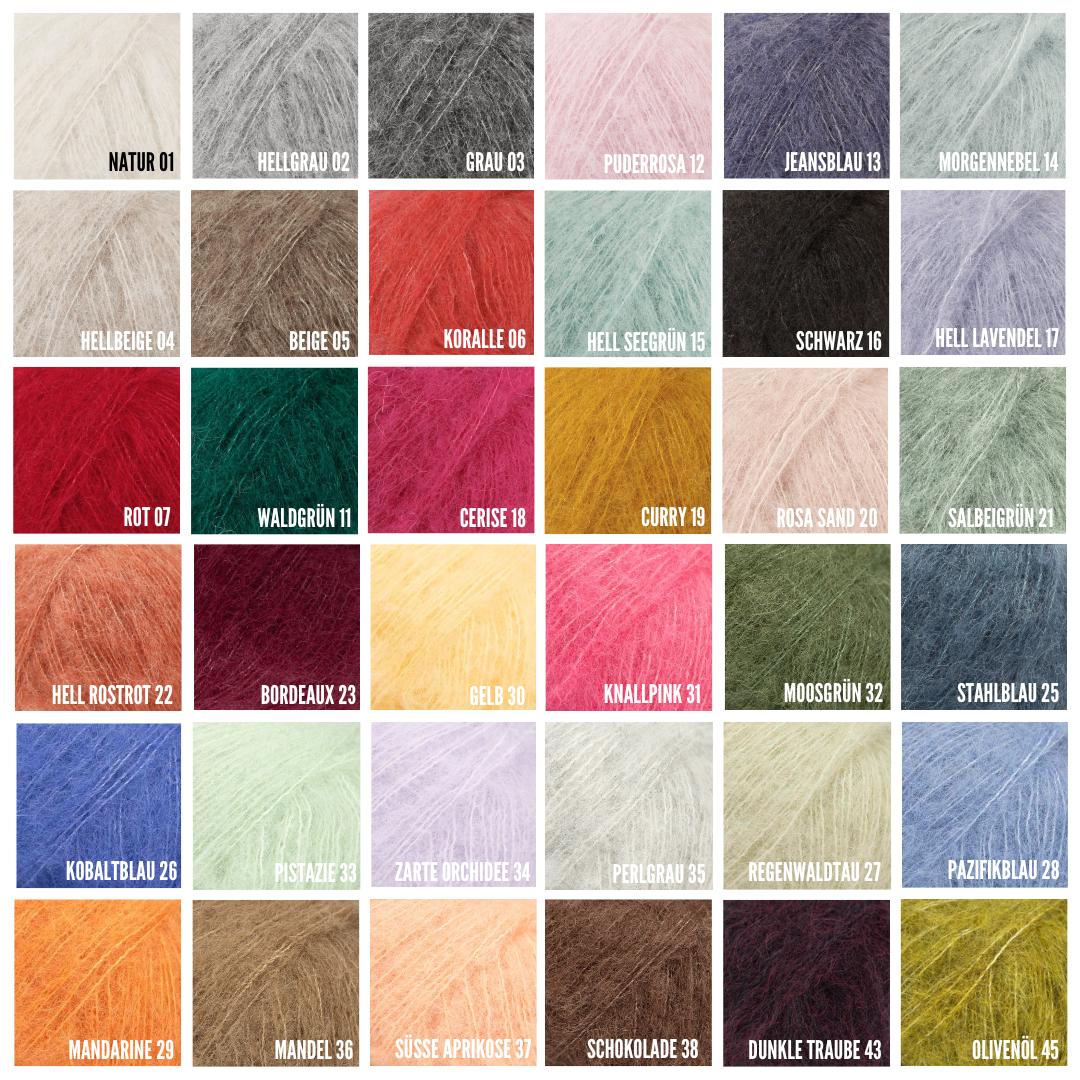 Farbkarte für Alpaka Seide Tuch GITTI-A handgefertigt