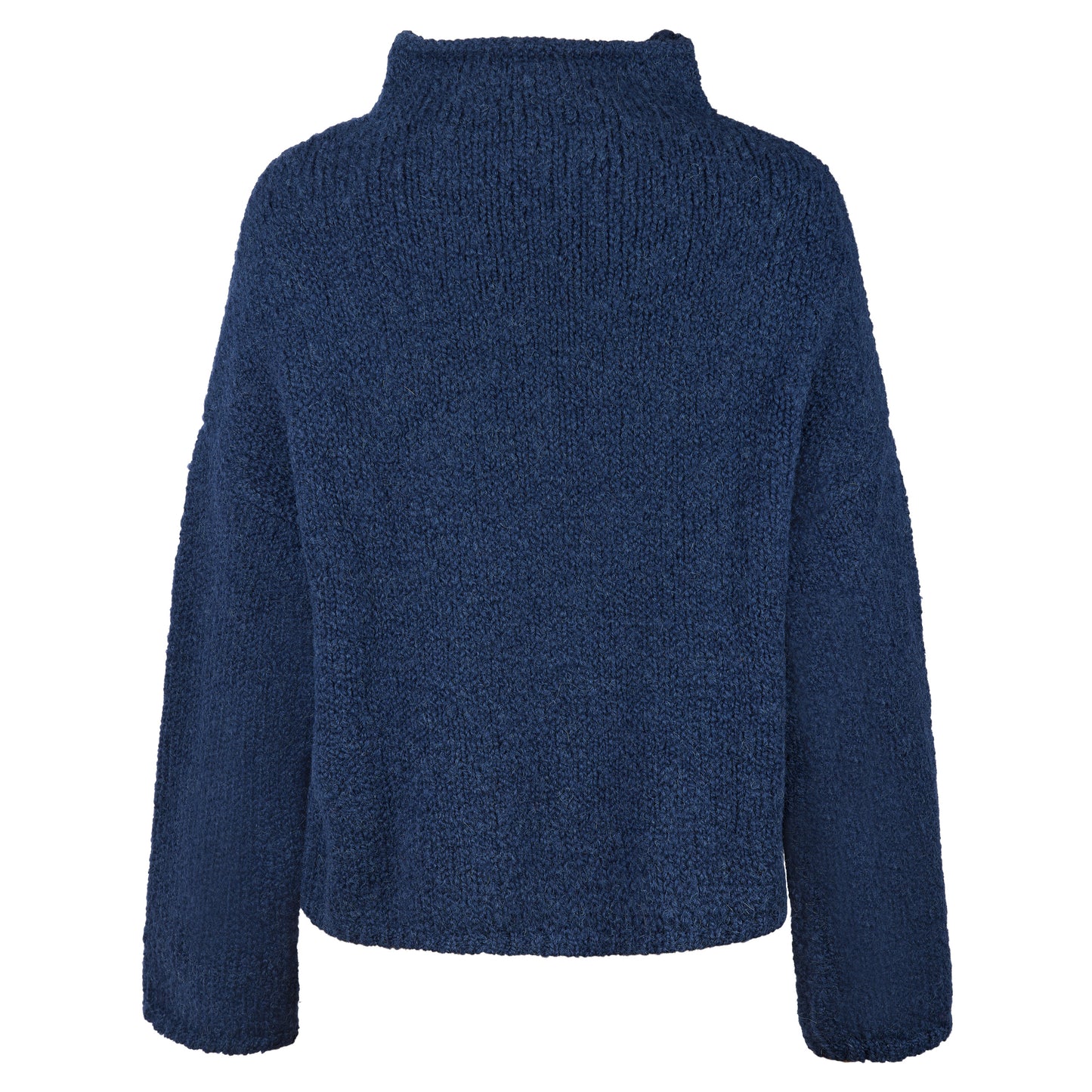 Boucle Pullover BETTY mit halsfernem Stehkragen und weitem Arm Rueckansicht Produktfoto in der Farbe dunkelblau