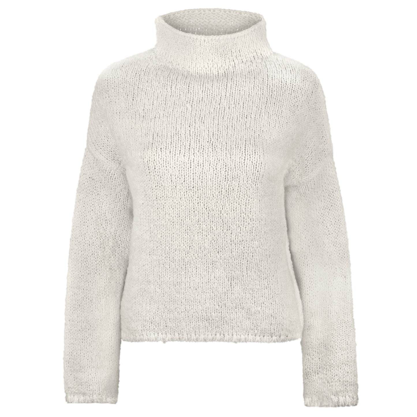 Boucle Pullover BETTY mit halsfernem Stehkragen und weitem Arm Vorderansicht Produktfoto in der Farbe weiß