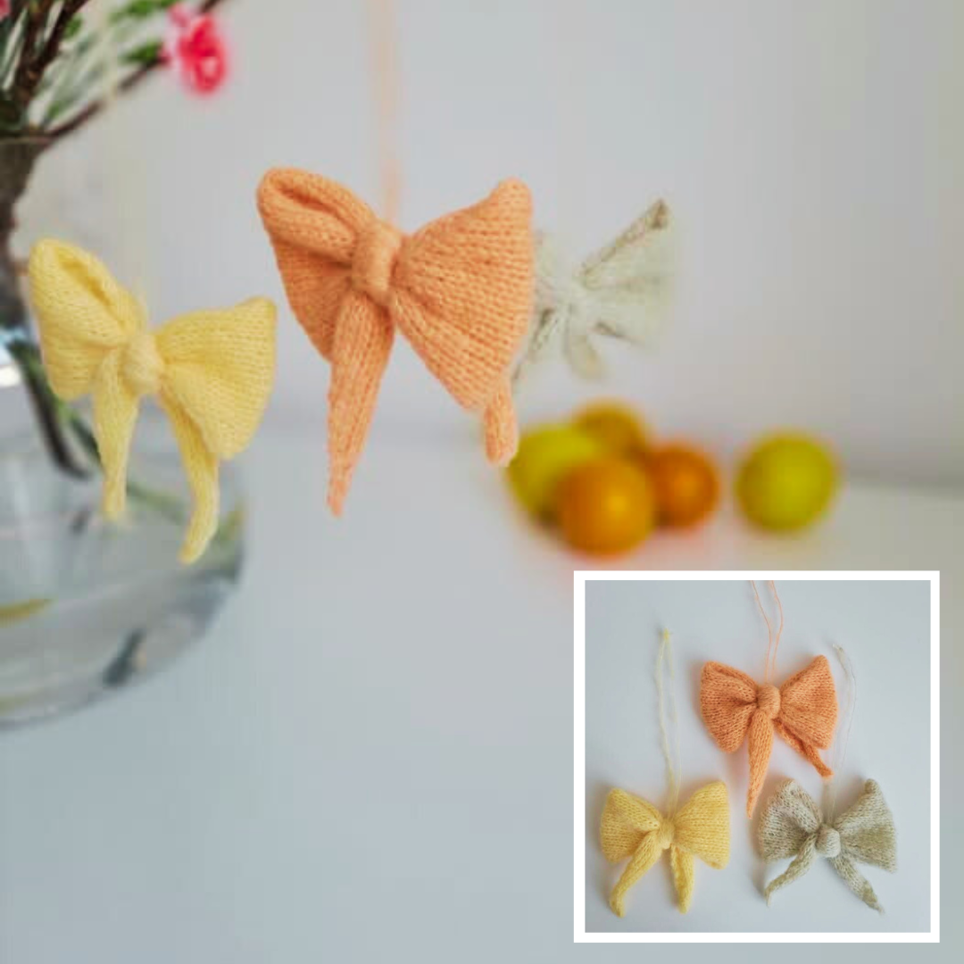 Handgefertigte Dekoschleife LISSI an  Zweig dekoriert in den Farben gelb Nr. 30, süsse aprikose Nr. 37 und regenwaldtau Nr. 27
