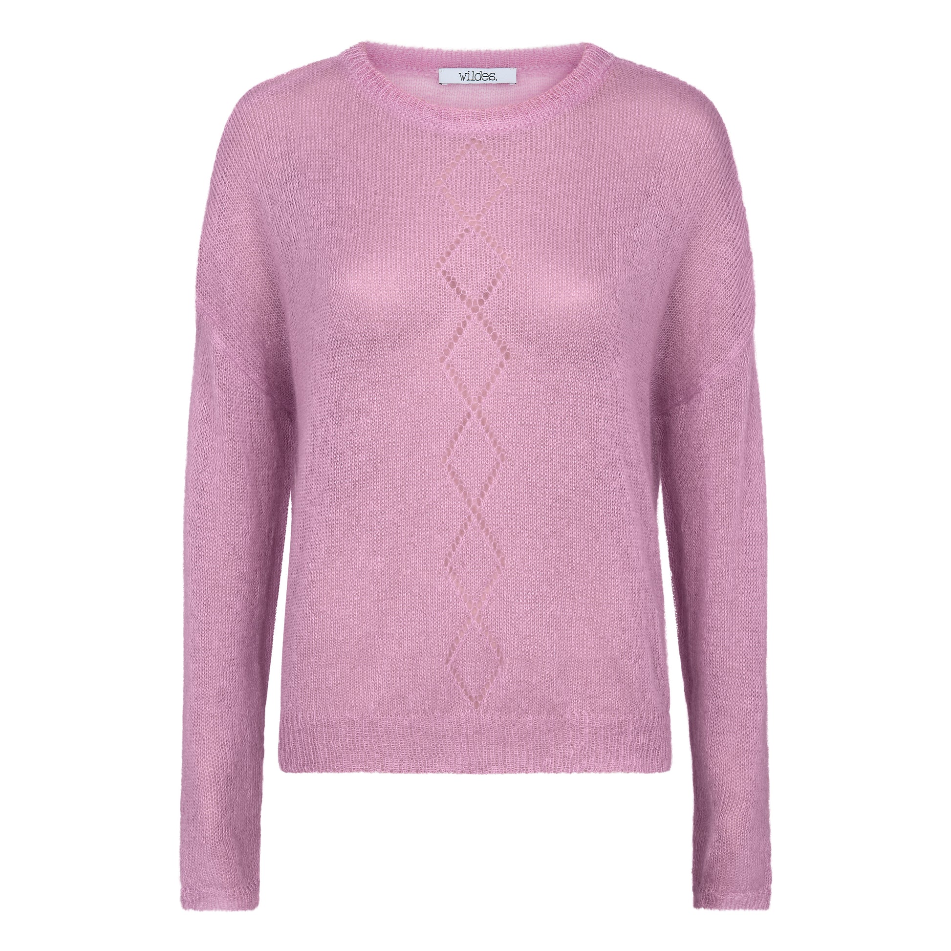 Mohair Pullover RIKKI Vorderansicht mit Ajourmuster  Produktfoto in der Farbe summer rose