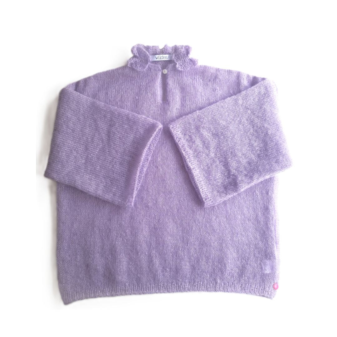 Mohair Seide Pullover FRIDA mit Rueschenkragen und Schlitz Produktfoto in der Farbe lila nebel