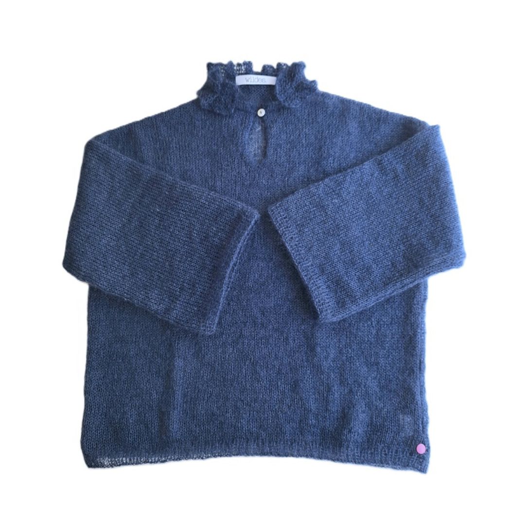 Mohair Seide Pullover FRIDA mit Rueschenkragen und Schlitz Produktfoto in der Farbe marine